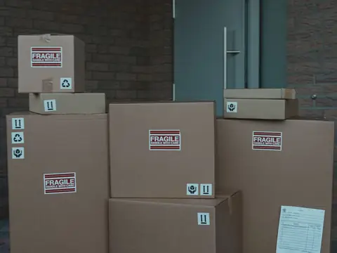 Packed cardboard boxes stacked by a doorway