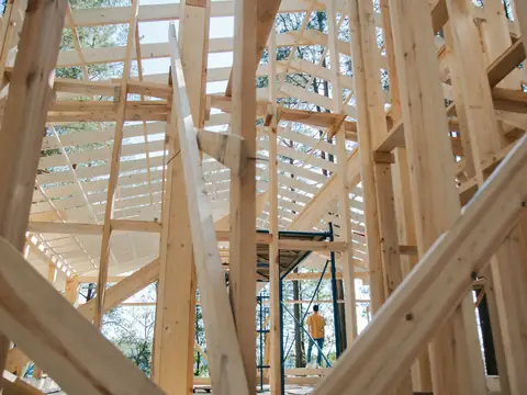 New wooden framing going up during construction