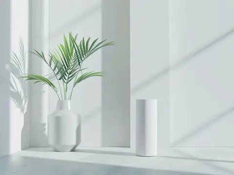 A white air purifier standing on the floor of a bright, empty white room beside a potted palm