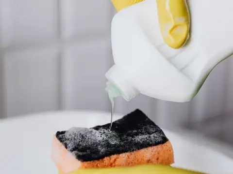 Gloved hands putting cleaner on a sponge