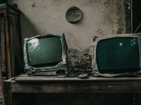 Two televisions warped by heat on a wooden shelf, the wall behind them gray with soot